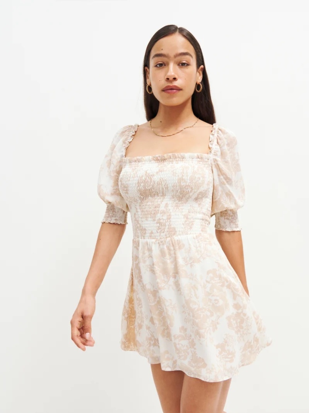 Reformation Elle Smocked Mini Dress in Light Crème with Tan Floral Print Size S